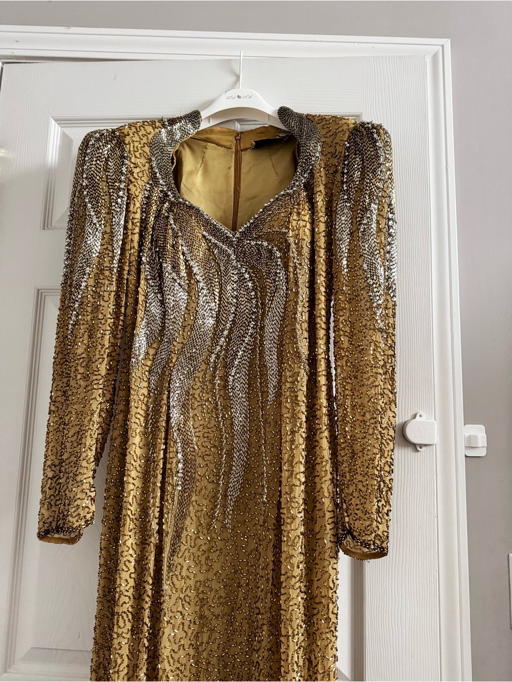 Oleg Cassini Silk Gold Beaded Evening Dress with Silver Accents - Picture 2 of 4